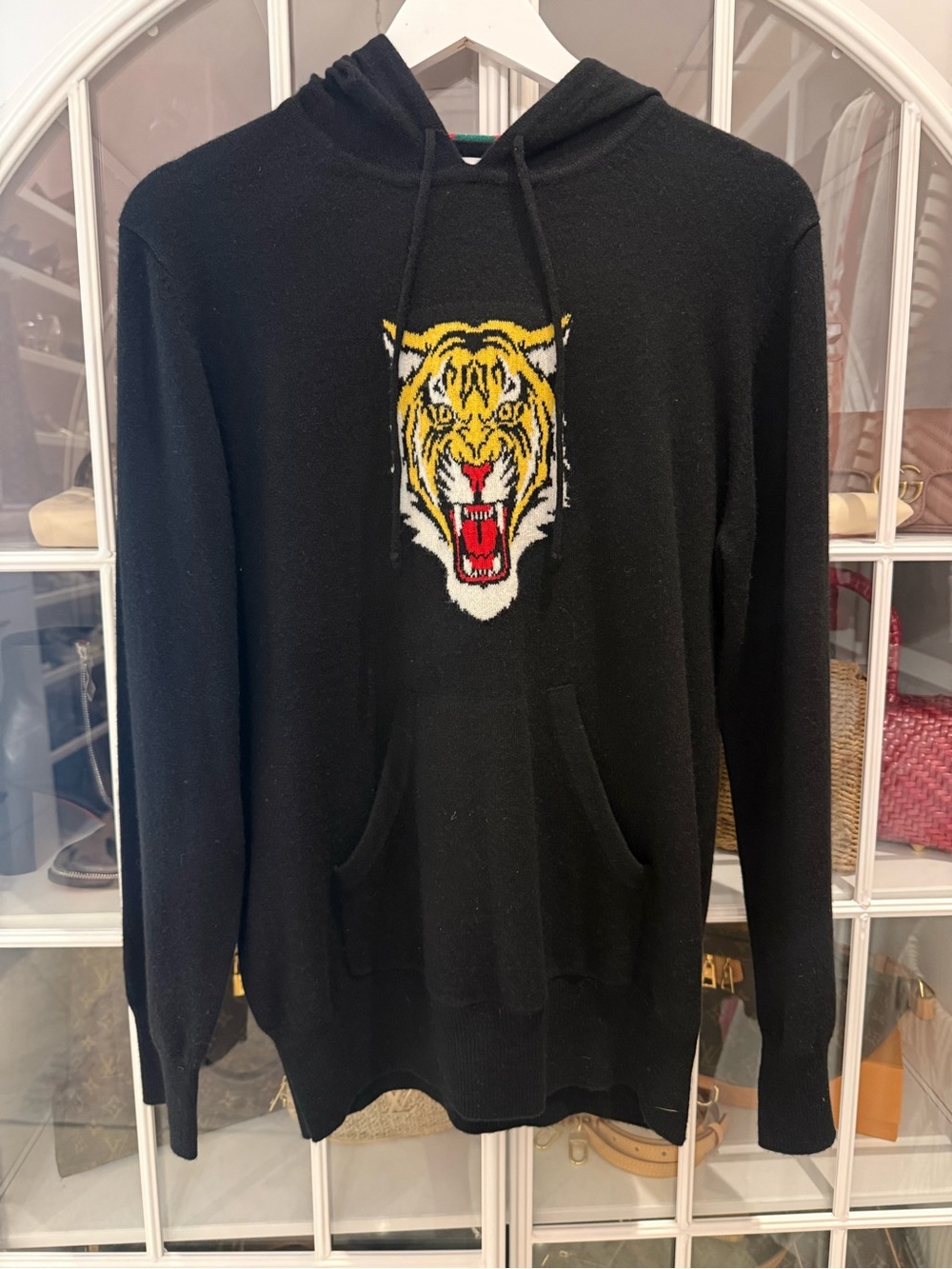 Black sweater with Tiger Motif - Women's Pullover with red/green striped hoodie